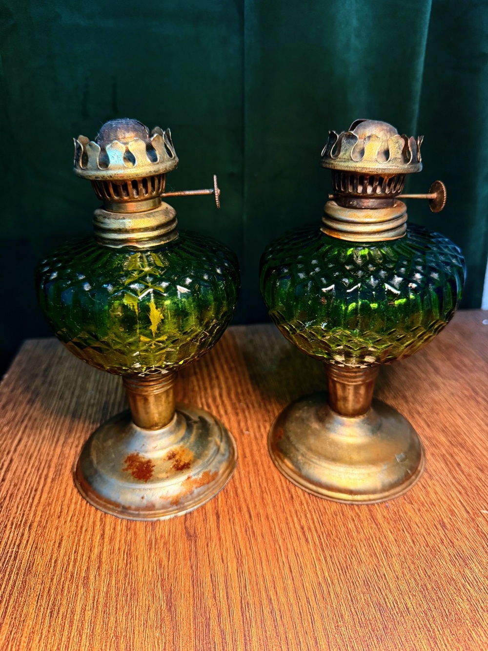 Vintage Mid Century Modern Green Glass Oil Lamps Made in Hong Kong